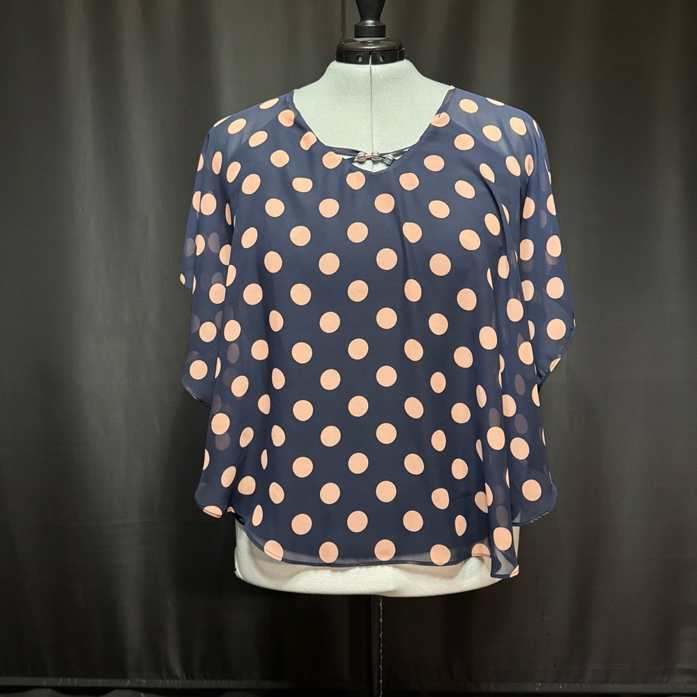 Cato Est. 1946 Navy Blue Pink Polka Dot Chiffon Poncho Blouse XL